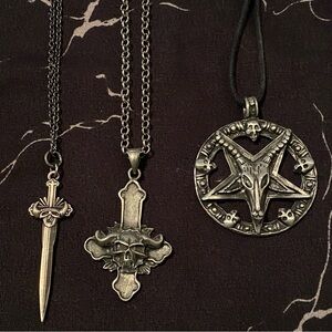 ☠️ Danzig Lucifuge Cross Skull Sword & Baphomet Pentagram Pendant Necklaces
